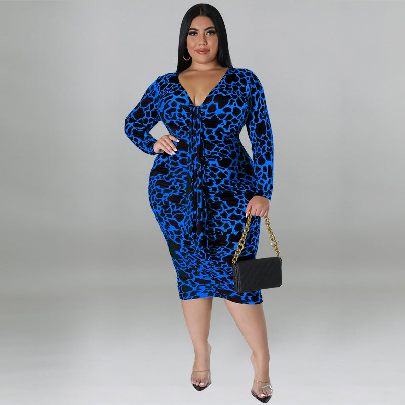 European And American Plus Size Women's Clothes Sexy Sheath Leopard Print Dress