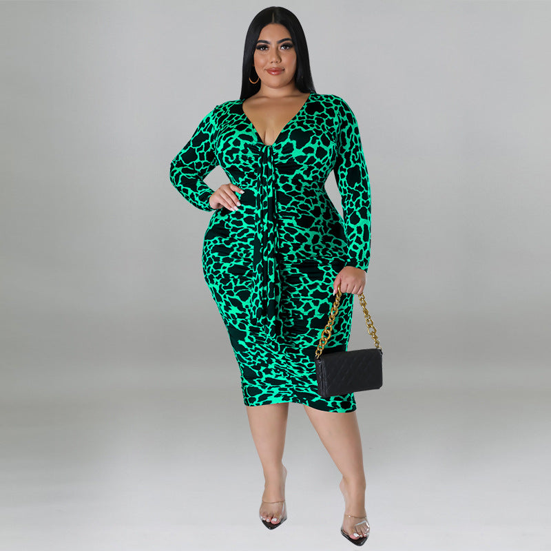 European And American Plus Size Women's Clothes Sexy Sheath Leopard Print Dress